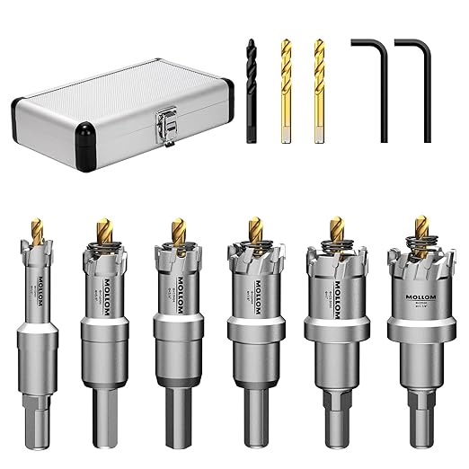 Mollom 6Pcs Hole Saw(13-29mm) TCT Carbide Tipped Hole Saw Kit for Hard Metal, Extra 2xTitanium & 1xStepped Pilot Drill bits and 2Pcs Hex Key for Stainless Steel, Iron,Aluminum,Alloy,Metal