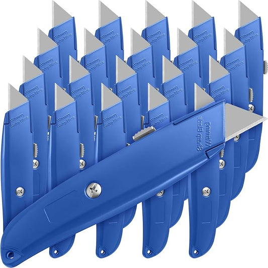 Reginary 20 Pcs Box Cutter Bulk Retractable Utility Knife Heavy Duty Aluminum Alloy Razor Knife for Cardboard Box Carton Opener for DIY, Factory, Home Office(Dark Blue)