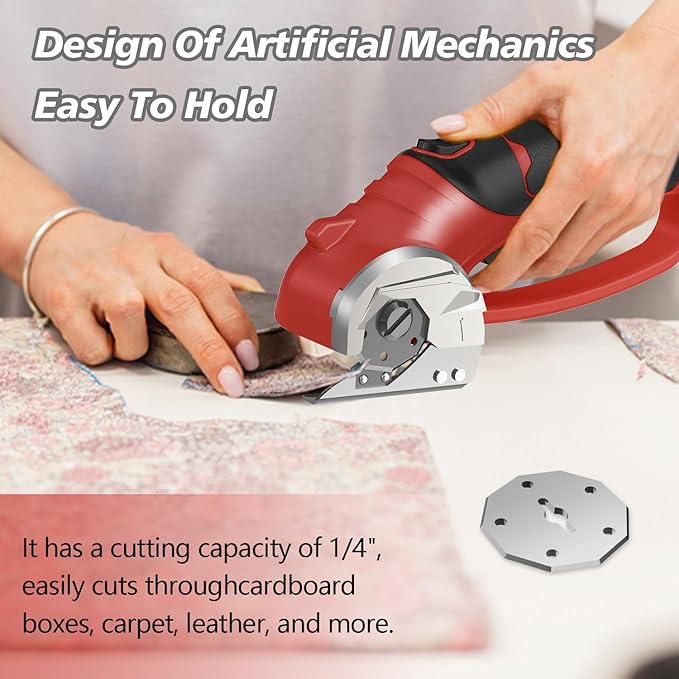 Cordless Electric Scissors, 4V Rechargeable Box Cutter & Cardboard Cutter with LED Light, Safety Lock - Rotary Cutter for Fabric, Leather, Carpet, Plastic, Crafting, Sewing with Storage Box (Red)