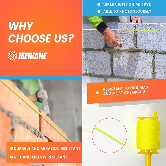 MERIANE 1000FT Mason Line w/Reloadable Line Reel, 18# Braided Twine String for Masonry Job, Level Lines in Construction, Gardening, Fluorescent Yellow