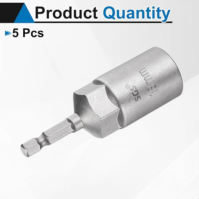 HARFINGTON 5pcs Nut Driver Drill Bit 18mm Metric Socket 1/4" Hex Shank 3.15" (80mm) Long 6-Point Sockets Quick Change CR-V Steel Bolt Setters for Power Drill Drivers