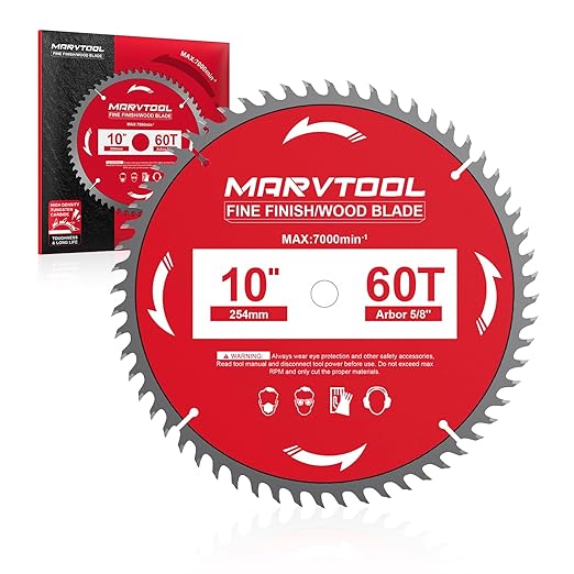 10-Inch 60-Tooth Circular Saw Blade, Max 7000 RPM, Fine Finish Wood Crosscutting, Tungsten Carbide Tooth with 5/8 Inch Arbor for Miter Saws & Table Saws