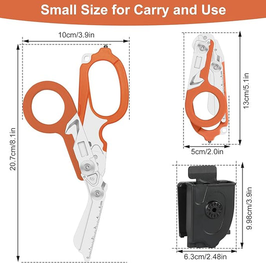 6-in-1 Heavy Duty Emergency/Trauma Shears, with Carbide Glass Breaker, Ring Cutter, Foldable, Stainless Steel Multi-Purpose Scissors for Hospital, Home, Camping, and Travel Rescue Tools (Orange)