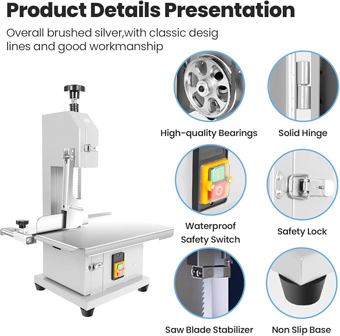 1500W Electric Bone Saw Machine, 19x14" Stainless Steel Worktable, Cuts 0.04-5.0" Thickness, Frozen Meat Cutter with 8 Blades Included, Commercial Bandsaw Machine for Rib Pork Beef