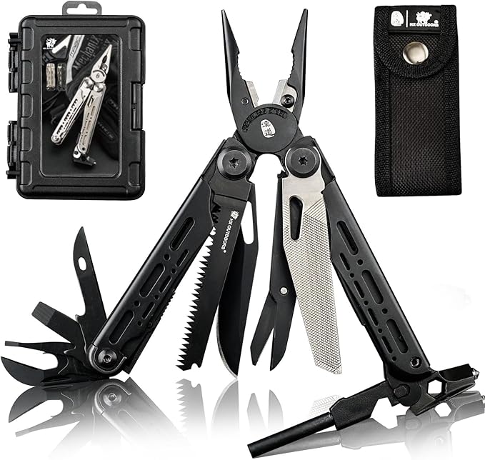HX OUTDOORS Folding Tactical Axe and 19 in 1 Multi Tool Survival Combo – DC53 Steel Blade Stainless Steel Multitool for Camping Outdoor Emergency