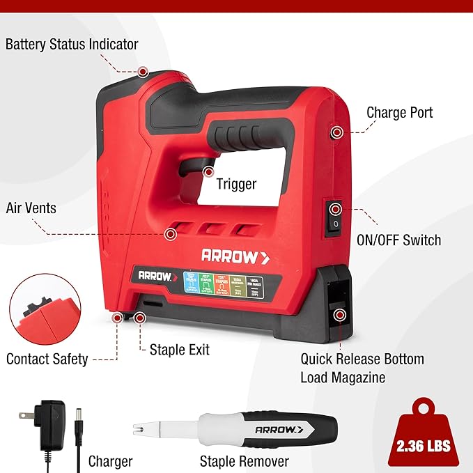 Arrow Electric Staple Gun, 5 in 1 Cordless Staple Gun for Upholstery with 3000Pcs Staples and Nails, 3.6V Rechargeable Heavy Duty Band Nailer with Staple Remover, for Wood, Home, DIY, ET501C