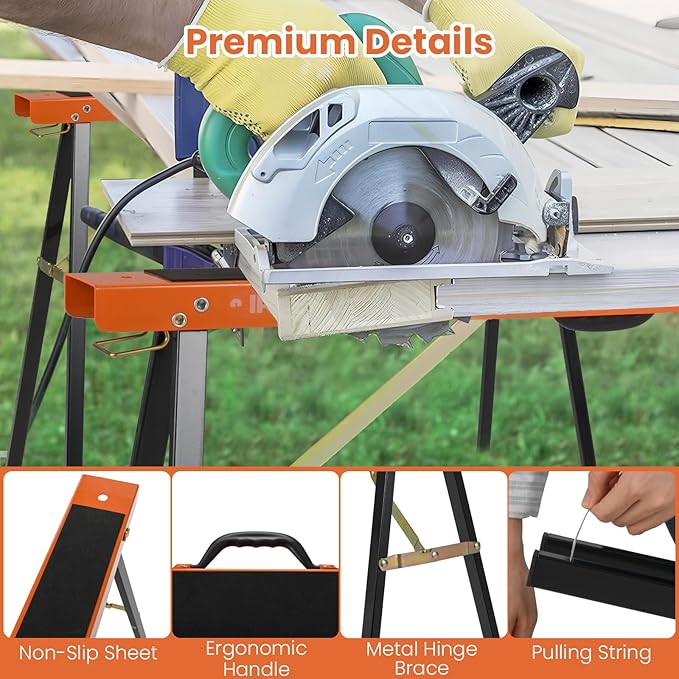 Goplus Saw Horses 2 Pack , Portable Heavy-Duty Galvanized Metal Power Tool Stand w/ Non-slip Top & Hinge Brace, Quick-Folding Saw Horses w/ Carrying Handle for Woodworking