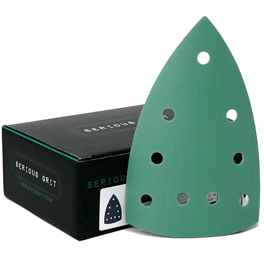 Serious Grit - 320 Grit 4" x 6" Delta (100mm x 150mm) Triangle Sanding Sheets - Fits Festool DTS 400 & Mirka DEOS Delta Sanders - Heavy-Duty Hook & Loop Film Sandpaper for Detail Sanders - 50 Pack Box