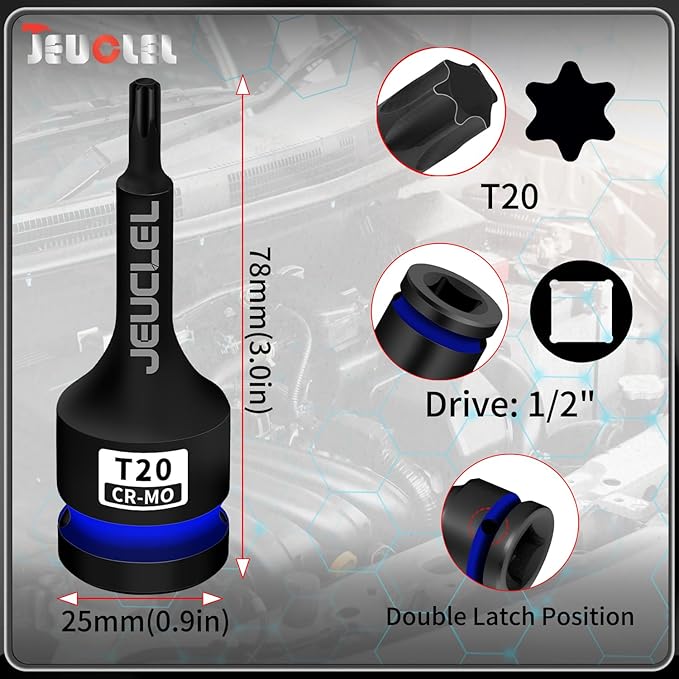 T20 Torx Bit Socket, 1/2" Drive Torx Star 6 Point Impact Bit Socket, 3-Inch, Cr-Mo Steel, Screwdriver Adapter for Electric Ratchet Wrenches Fastening Screws Hand Repair