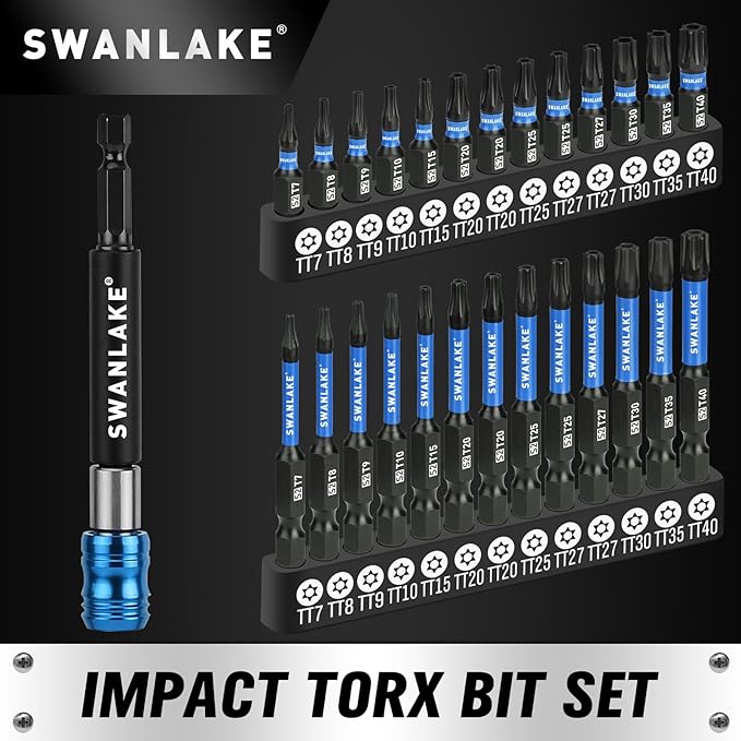SWANLAKE Impact Torx Bit Set, 27-piece 1''&2'' Security Tamper Proof Magnetic Screwdriver Bits, T7-T40 CNC Machined Tips, S2 Steel Long Torque Star Bits with 4'' Impact Bit Holder and Storage Box