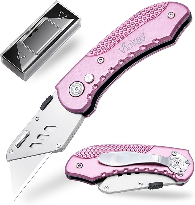 Vickay Box Cutter Utility Knife Heavy Duty with 5 SK5 Quick Change Blades, Safety Axis Lock Design Razor Knife, Lightweight Aluminum Body Belt Clip for Office (Pink)