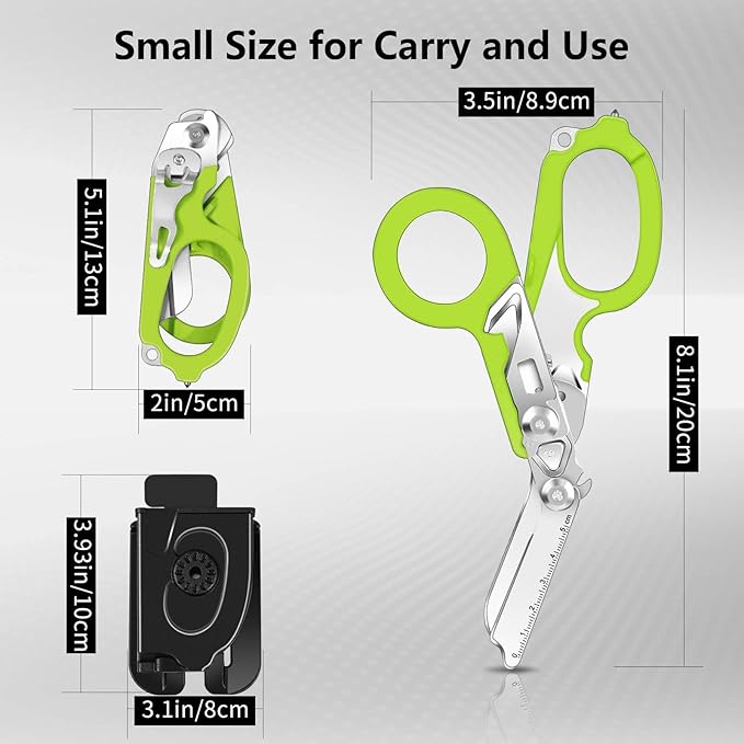 6 In 1 Multi-function Trauma Shears Foldable with Compatible Holster and Penlights,Emergency Trauma Shears with Strap Cutter and Glass Breaker for Outdoor Medical Scissors Tools Green