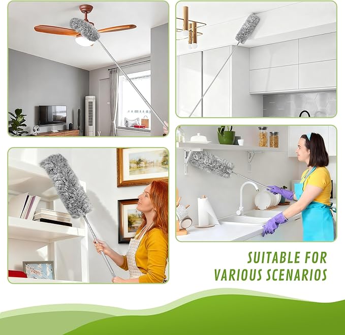 12-in-1 100-Inch Extendable Duster Kit–Multi-Tool Set (Multi-Angle Chenille/Microfiber/Window Blind/PP Panel) for Home/Office/Car