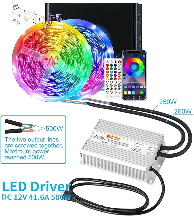 LED Driver 12V500W Waterproof Power Supply AC 90-130V to DC 12V41.6A Low-Voltage IP67 Switching Power Supply LED Strip Outdoor Light Box Waterproof Transformer