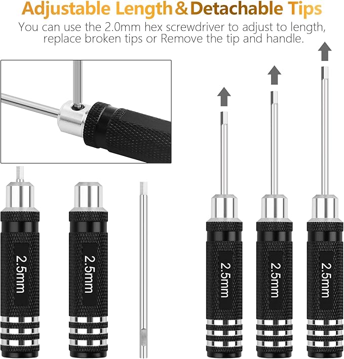 RC Tool Kit,7PCS Hex Precision Screwdriver Set with 0.9/1.27/1.3/1.5/2.0/2.5/3.0mm Hobby Tools Hexagon Wrench Repair Tools Compatible with SCX24 Traxxas Redcat RC Cars Trucks
