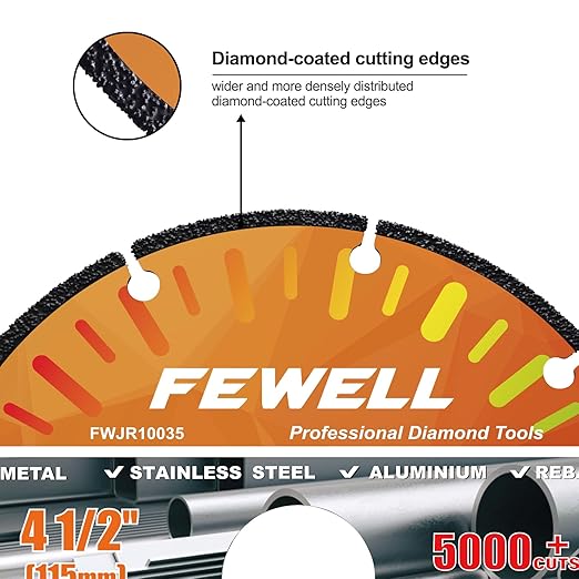 FEWELL 4 1/2 Inch Diamond Cutting Wheel with 7/8" Bore,Metal Cut Off Wheel with 5000+ Cuts for Angle Grinder on Metal,Rebar,Steel,Iron and INOX(3 Pack)