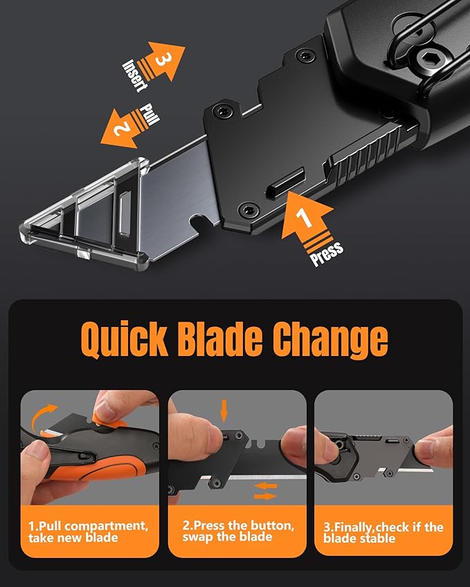 【4-in-1】 Multitool Folding Utility Knife Box Cutter, Navajas para Trabajo, Quick-Change Knife, 【Belt Clip】【Blade Storage】, Gifts for Fathers Dad Papa, Extra 10 SK5 Blades Included