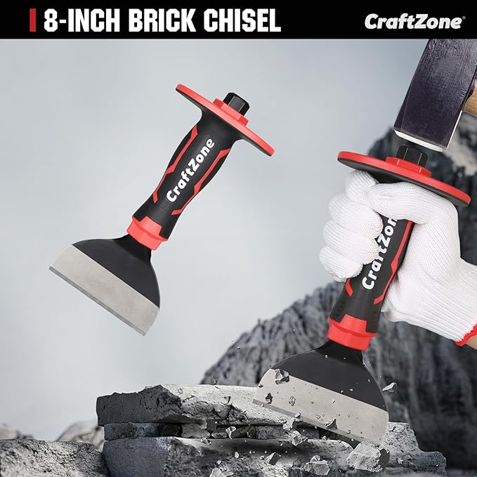 8-Inch Rock Chisel, Masonry Chisel with Protective Handle, Heavy Duty Flat Concrete Cold Stone Chisel for Brick Cutting, Demolition, Sculpting Chipping, and Breaking Mason Tools