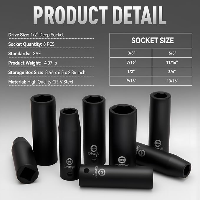 DISEN 8 Pcs 1/2" SAE Impact Socket Set, Deep Sockets 3/8"- 13/16", 6-Point Cr-V & Alloy Steel, 1/2 Inches Drive Impact Socket Set,Rugged Construction, Enhanced Storage Case
