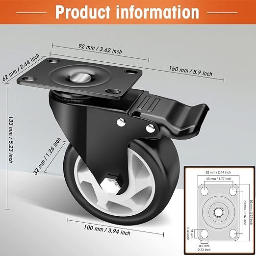 Casters, 4" Caster Wheels竊똂asters Set of 8 Heavy Duty - ASRINIEY Black Polyurethane Castors, Top Plate Swivel Wheels, 8-Pack Industrial Casters with Brake, Locking Casters for Furniture and Workbench