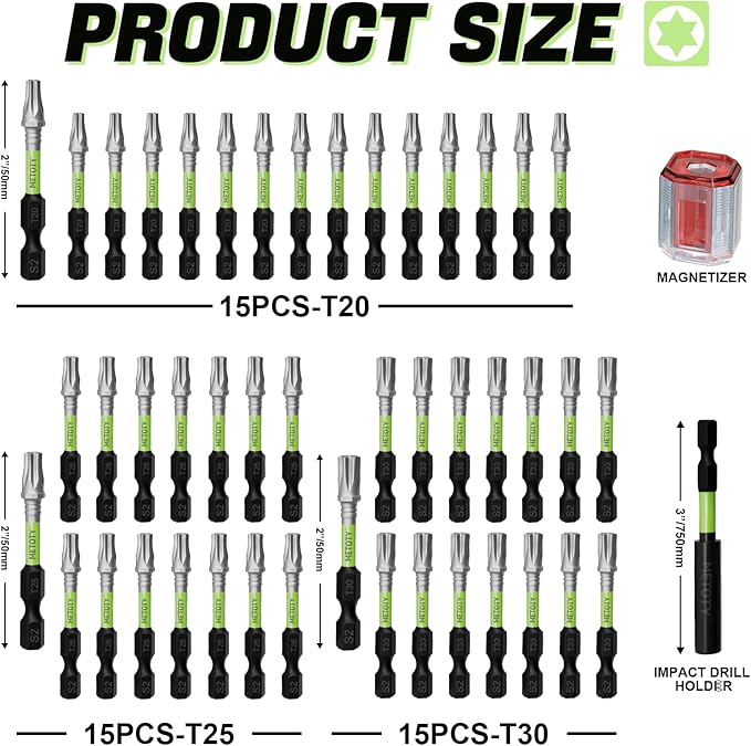 47PCS Impact Torx Screwdriver Bits Set Magnetic (T20/T25/T30) S2 Steel Multi-Star Driver Bits with Green Storage Box