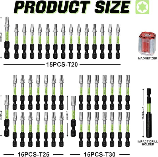 47PCS Impact Torx Screwdriver Bits Set Magnetic (T20/T25/T30) S2 Steel Multi-Star Driver Bits with Green Storage Box