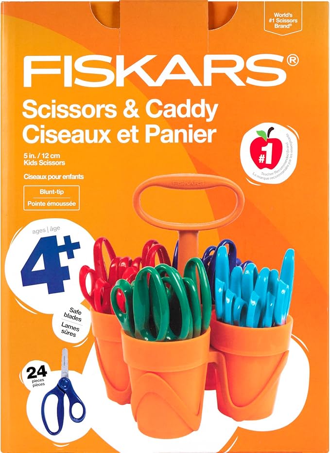 Fiskars 5" Blunt-Tip Scissors Classpack for Kids Ages 4-7 with Art Caddy Organizer (24-Pack), Kids Scissors for School or Crafting, Back to School Supplies, Assorted Colors
