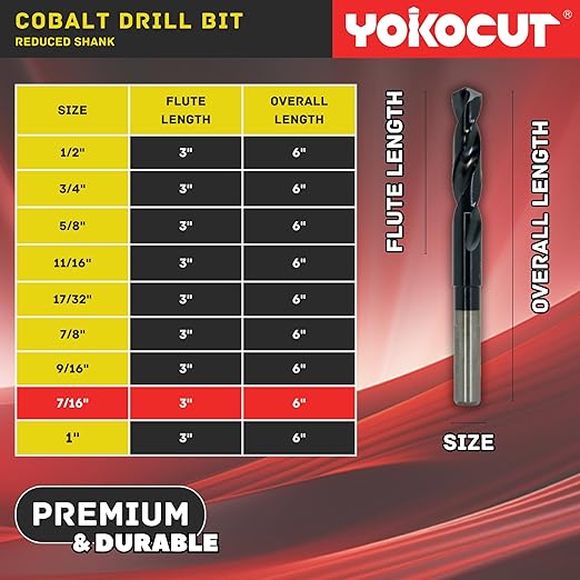 7/16 Inch Cobalt Drill Bit | Reduced Shank High Speed Steel | Drill Bit for Stainless Steel and Hardened Metal | HSS M35 Titanium Aluminum Nitride Coating with 1/2" Shank