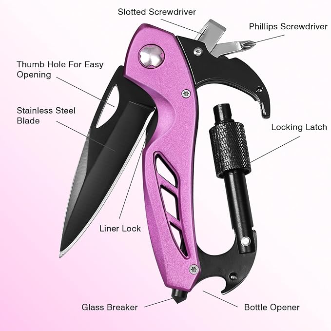 Pink Multitool Carabiner, Stocking Stuffers Gifts for Mom Women Wife, 6-in-1 Keychain Multi Tools with Window Breaker, Bottle Opener and Screwdriver, EDC Gear Gadget for Camping Hiking
