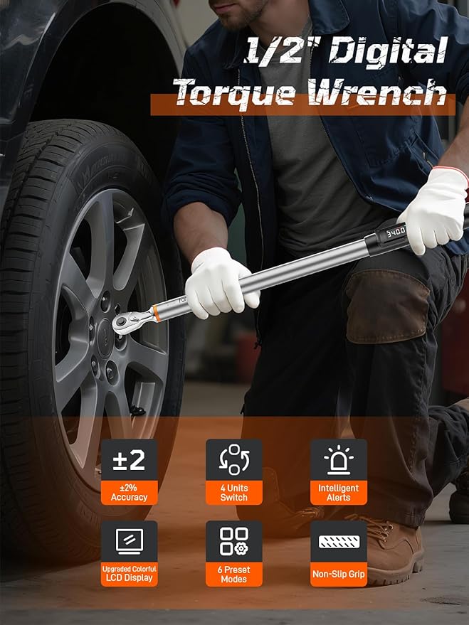Fanwiike 1/2" Drive Digital Torque Wrench, 12.54-250.8 Ft.lb /17-340 Nm, Foot Pound Torque Wrench Electronic with Buzzer & LCD Indicator, Torque Wrench Set for Cars Automotive, 짹2% Accuracy