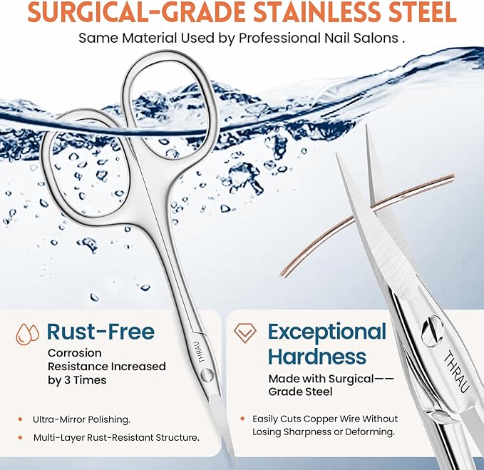 THRAU Left-Handed Cuticle Scissors ??Surgical Grade Stainless Steel with Sharp Curved Tip for Cuticles, Nails, Eyebrows, Eyelashes, Nose Hair & Beard ??Ideal for Manicure & Precise Grooming