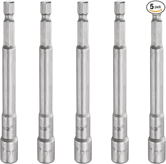 HARFINGTON 5pcs Nut Driver Drill Bit 7mm Metric Socket 1/4" Hex Shank 3.94" (100mm) Long Magnetic 6-Point Sockets Quick Change CR-V Steel Bolt Setters for Power Drill Drivers