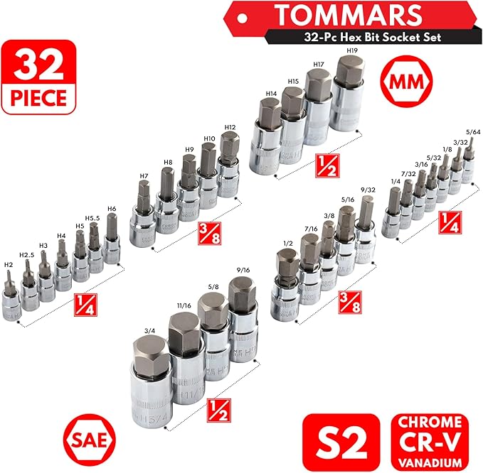TOMMARS 32-PC Master Allen Hex Bit Socket Set, SAE & Metric Allen Hex Key Wrench Socket Set S2 Steel 1/4", 3/8", 1/2" Drive, H5/64 - H3/4 & H2 - H19