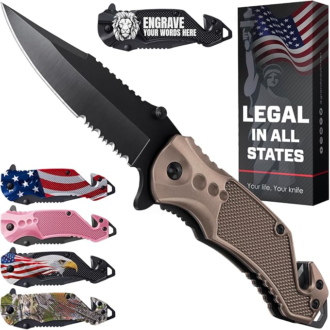 GOOD WORKER Legal Pocket Knife with 2.95??Serrated Blade, Glass Breaker, Seat Belt Cutter - EDC Sharp Folding Knives with Portable Clip - Small Tool for Tactical Camping Survival Hiking - Gifts for Men, Women
