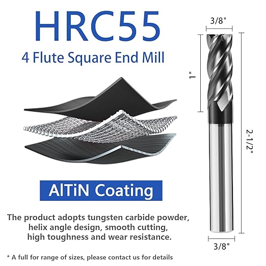 3/8" Carbide End Mill Bits Set for Alloy & Hardened Steels - Hrc55 Micro Grain, 4-Flute Milling Cutter with AlTiN Coating, CNC Router Bits, High-Performance Milling Bits