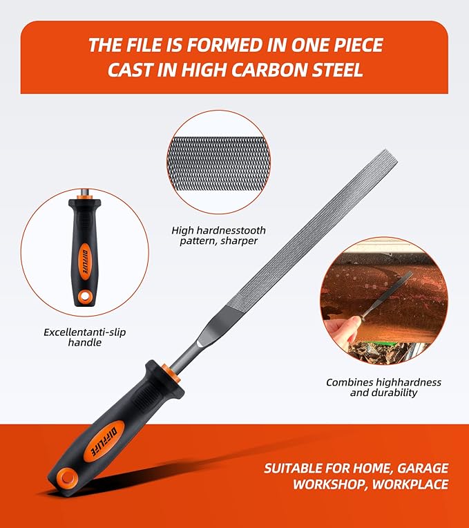 7'' Needle File Set - Carbon Steel 6-Piece With Handles, Hardened Alloy Strength Steel - Includes Flat, Flat Warding, Square, Triangular, Round, and Half-Round Files