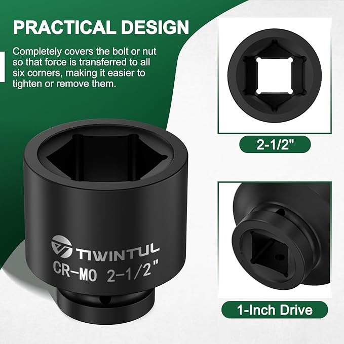 2-1/2" Impact Socket 1" Drive, 6 Point Design, CR-MO, ANSI Certified, Large & Spindle Nut Socket 1 Inch Drive for Heavy Truck, Construction, Oilfield & Equipment Service