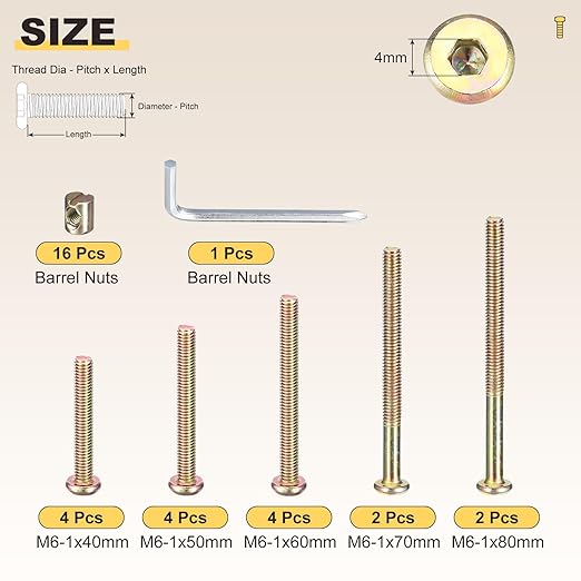 METALLIXITY Furniture Crib Screws Replacement Set with Wrench(M6-1x40/50/60/70/80mm) 32Pcs, Connector Bolt M6 Screw Barrel Nuts Binding Screws, for Chair Cabinet Bed, Yellow