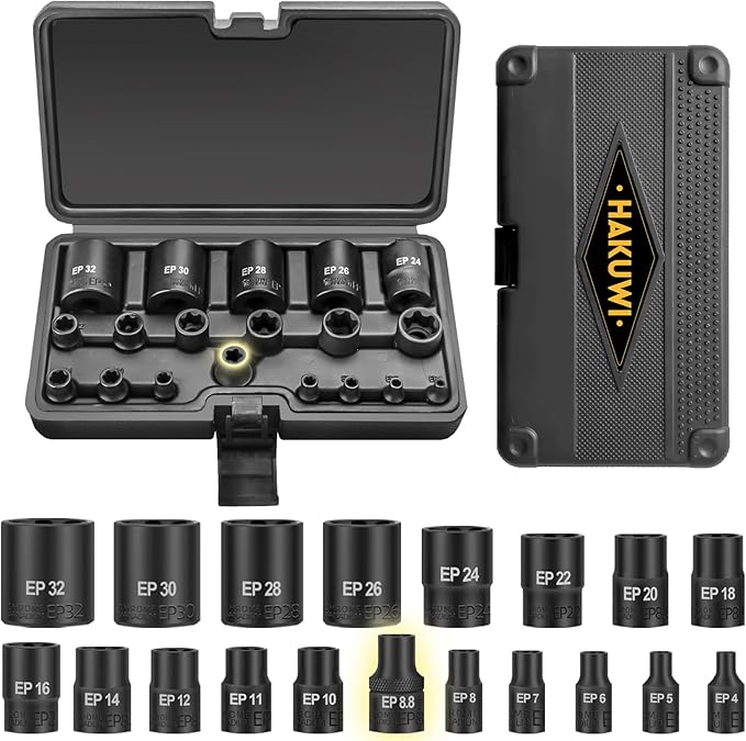 19-Piece External Torx Plus Socket Set, Ultimate Star Socket Set, 6 Point EP Socket 1/2'' 3/8'' 1/4'' Dr EP4-EP32,5 Point EP Socket 1/2'' EP8.8 Dr E-Torx Plus set, Compatible with Tesla