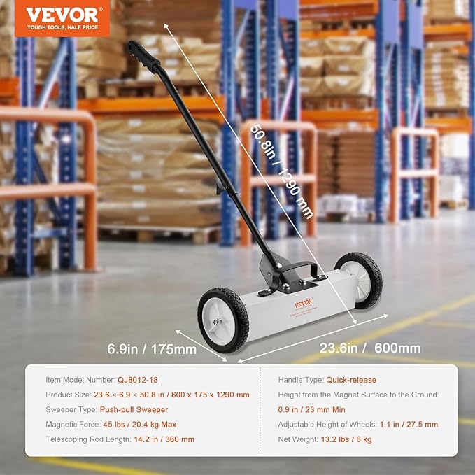 VEVOR 45Lbs Rolling Magnetic Sweeper with Wheels, 18-inch Large Magnet Pickup Lawn Sweeper, Push-Type Magnetic Pick Up Sweeper, Magnet with Telescoping Handle, Easy Cleanup of Workshop Yard Garage