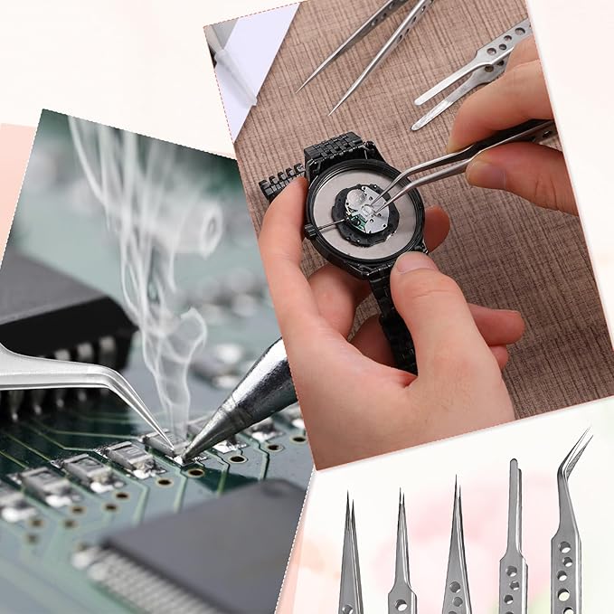 5 Packs Precision Tweezers Stainless Steel Fine Pointed Curved Tweezer Long Sharp Tweezers Kit for Electronics Repair Crafting Jewelry Making Industrial