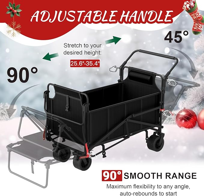 LEVELEVE Heavy Duty Folding Wagon - 2-in-1 Collapsible Cart, 650lb Capacity, All-Terrain Wheels w/Brakes & Side Pockets (Black)