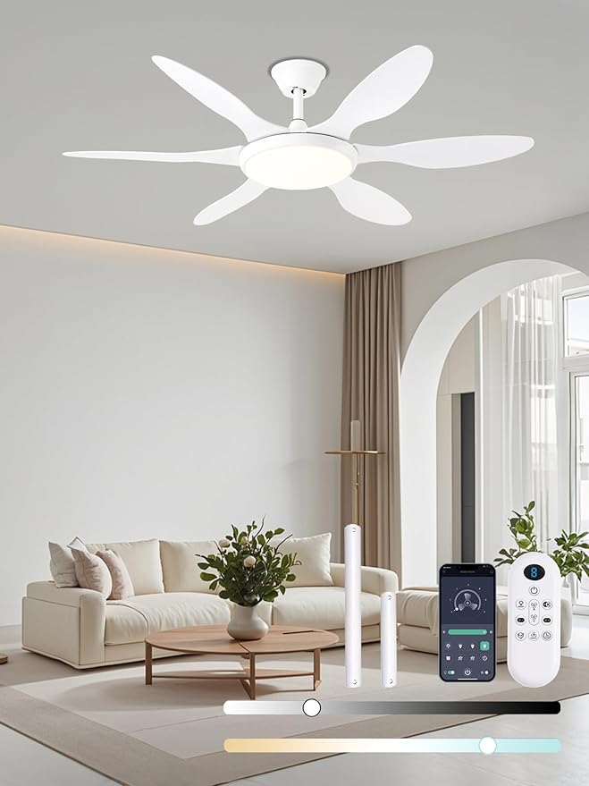 White Ceiling Fans with Lights, 51 Inch Ceiling Fan with Light and Remote Control, Reversible, 3CCT, Dimmable, Noiseless, LED Ceiling Fan for Bedroom, Living Room, Indoor/Outdoor Use