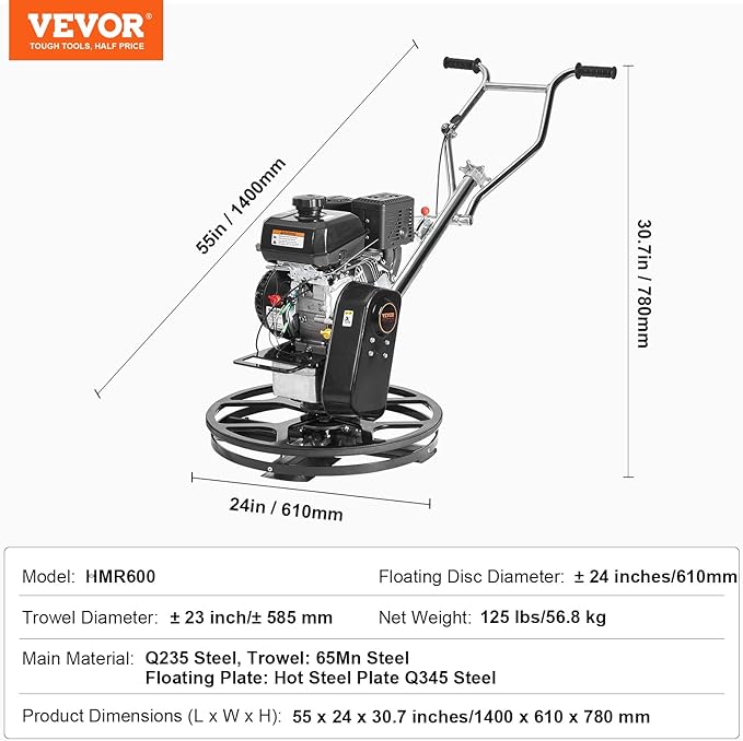VEVOR Power Trowel, 24??Walk-Behind Cement Trowel with Float Pan, 6HP Gas-Powered Smooth Concrete Surface Finisher, Heavy Duty Commercial Screed Concrete Cement with Finishing Blade