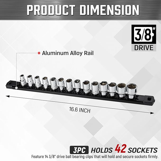 ALOANES 3-Piece Magnetic Socket Organizer, Heavy Duty Aluminum Socket Rails Organizer, 360째 Swivel Clips Socket Rail Set For Sockets Storage, 3/8-Inch Socket Holder x 42 Clips (Black)