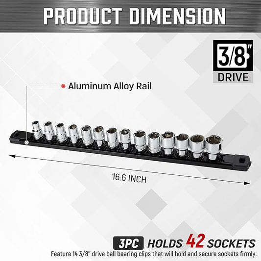 ALOANES 3-Piece Magnetic Socket Organizer, Heavy Duty Aluminum Socket Rails Organizer, 360째 Swivel Clips Socket Rail Set For Sockets Storage, 3/8-Inch Socket Holder x 42 Clips (Black)