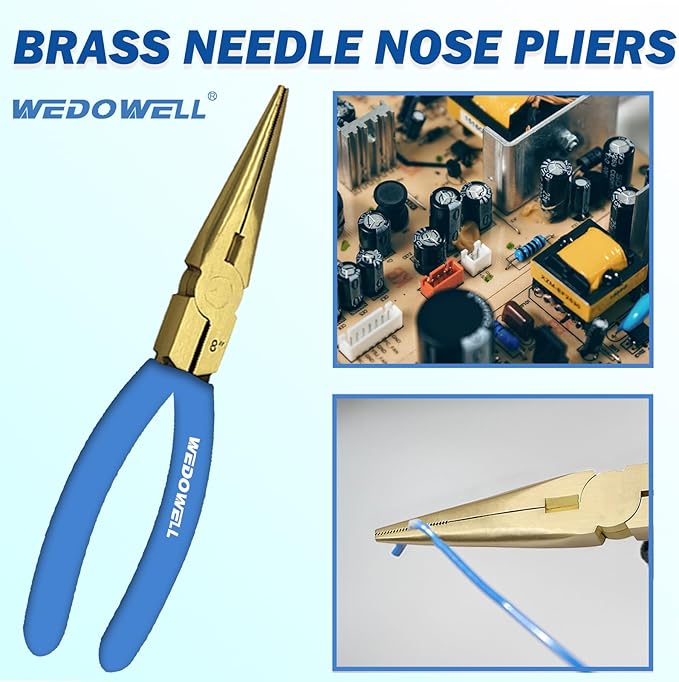 WEDOWELL 8" Needle Nose Pliers,Paper Clamp Precision,Soft Grip with Wire Cutter,Brass Long Nose Cutting Pliers for Home, Fishing, Jewelry, Crafts,Length 200mm