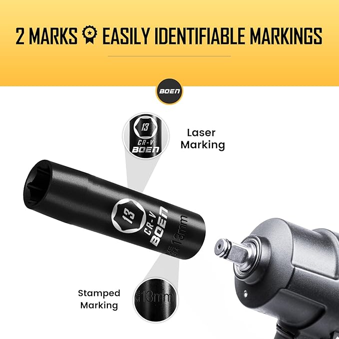 BOEN 1/2" Drive Deep Impact Socket,13mm Premium Socket,Metric,6 Point,Cr-V Steel with Laser Marking - Strong and Durable