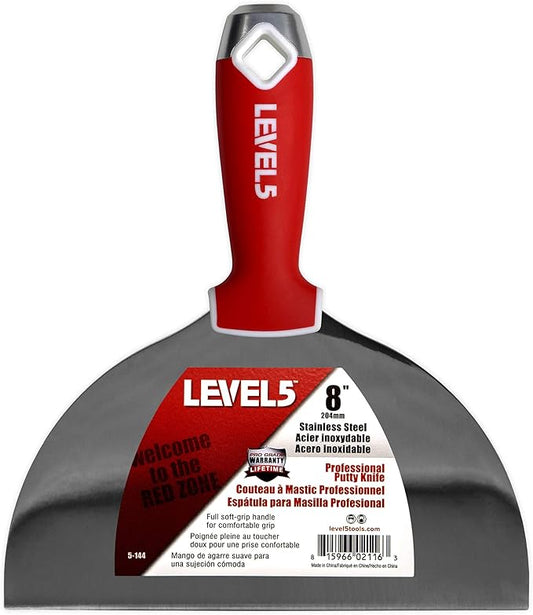 8" Soft-Grip Stainless Steel Drywall Joint Knife - LEVEL5 | Pro-Grade | Comfortable Finishing Hand Tool | Metal Hammer End | Sheetrock Gyprock Plasterboard Mud | 5-144