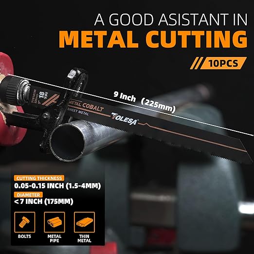 TOLESA M42 Bi-Metal Reciprocating Saw Blades Metal 225 mm 18TPI Saw Blade Reciprocating Saw with Cobalt for Metal Fine Cutting Perfect for Metal Pipes, Bolts, Thin Metal
